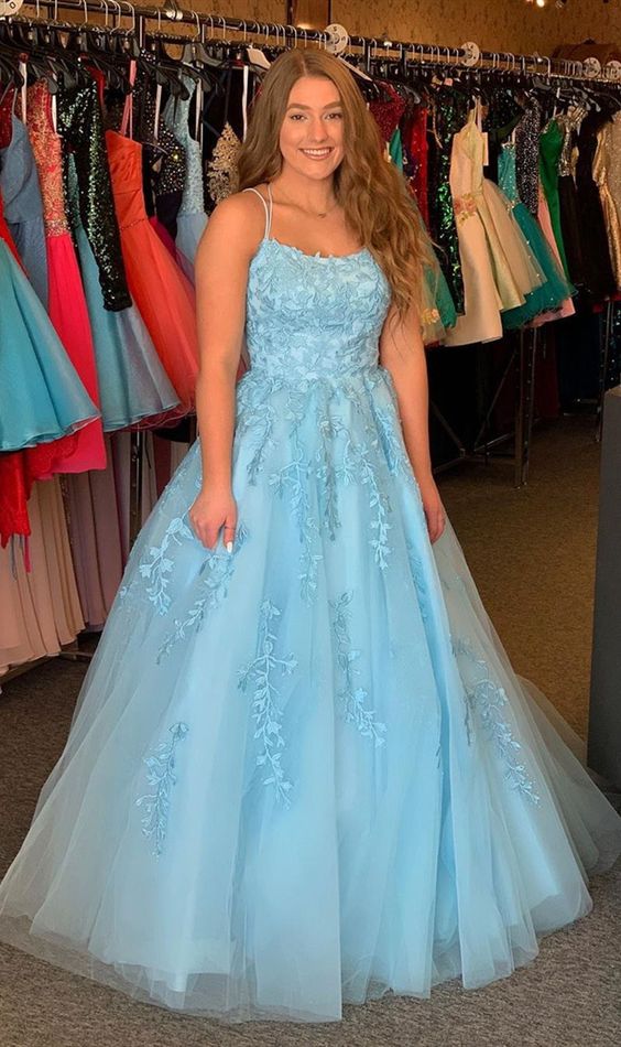 baby blue a-line straps tulle lace fashionable prom dress  cg7969