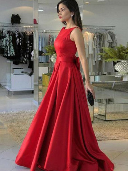 Beautiful Prom Dresses, A-Line Round Neck Red Satin Prom Dress with Bowknot  cg8004