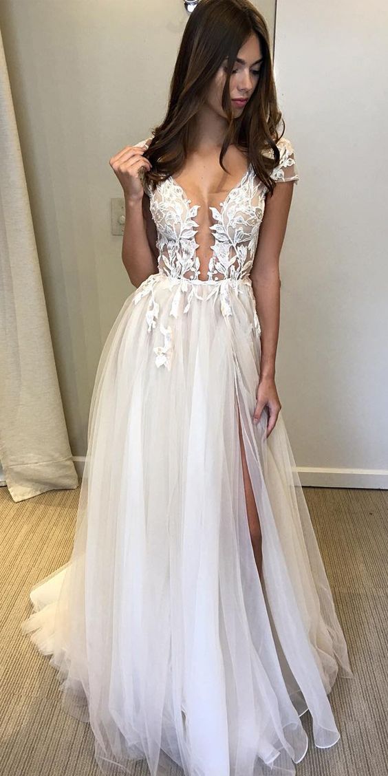 Cap Sleeve Deep V-neck Prom Dress With Appliques Sexy Split Wedding Dresses  cg8006