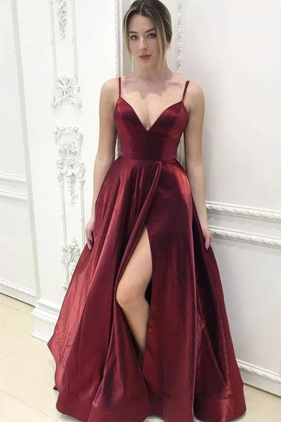 A Line V Neck Burgundy Long Prom Dresses with Leg Slit,Wine Red Long Formal Evening Graduation Dress  cg8021