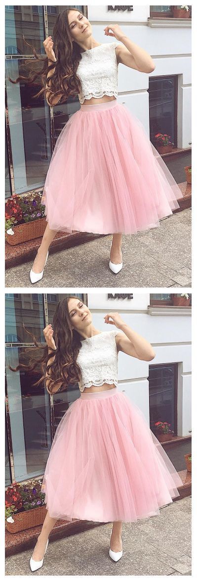 Fashion Two Piece Pink Homecoming Dress, Tulle Lace Party Dress  cg8030