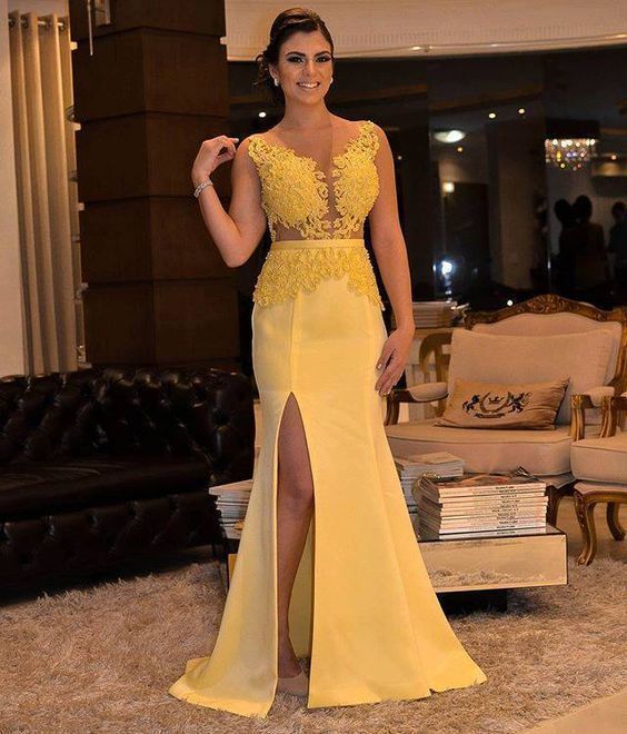 Appliques Yellow Mermaid Long Evening Dress with Slit, Formal Prom Dresses  cg8037