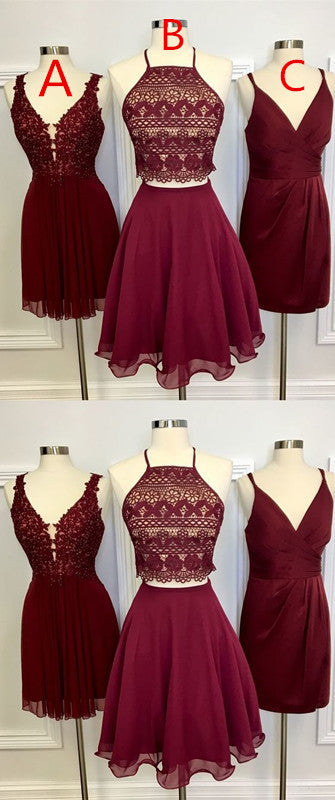 Two Piece Square Knee-Length Burgundy Homecoming Dress with Lace cg804