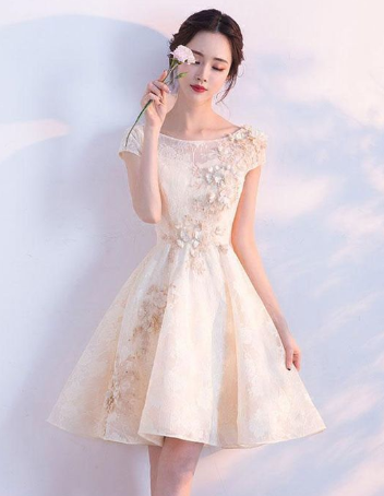 Champagne lace short homecoming dress, champagne homecoming dress cg806