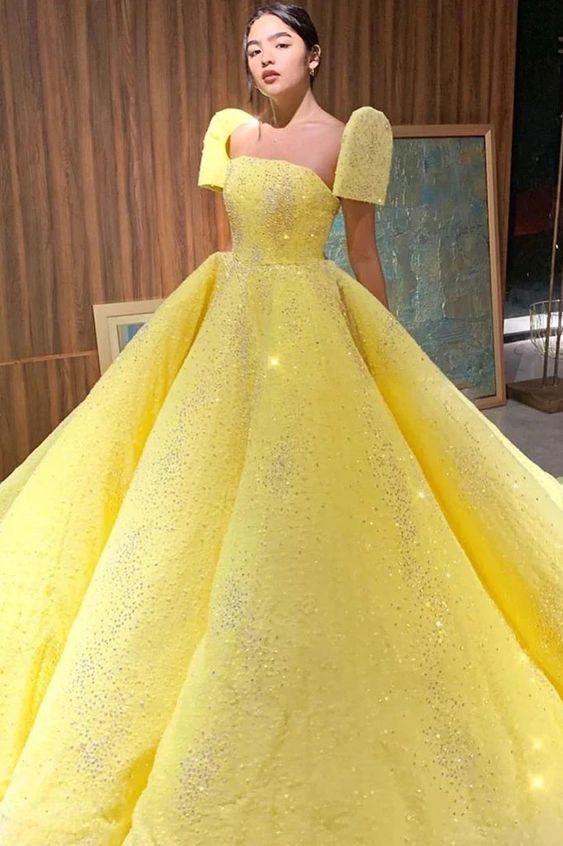 Ball Gown Sparkly Yellow Short Sleeves Prom Dresses Evening Dress  cg8080