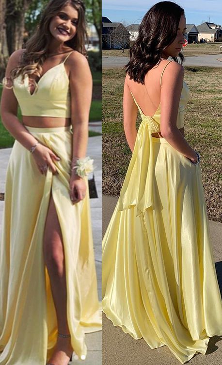 Yellow Two Pieces Spaghetti Straps Open Back Prom Dress with Slit   cg8084