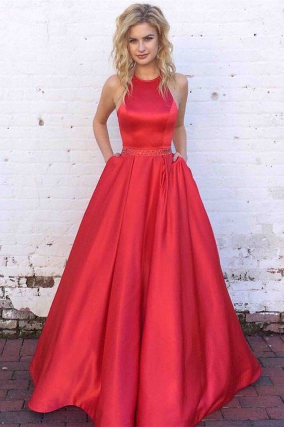Red satin round neck A-line long prom dress,simple dress from Sweetheart Dress  cg8117