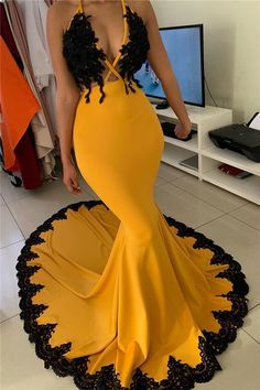 Seductive Deep V-neck Yellow Sweep Train Mermaid Prom Dresses  cg8118