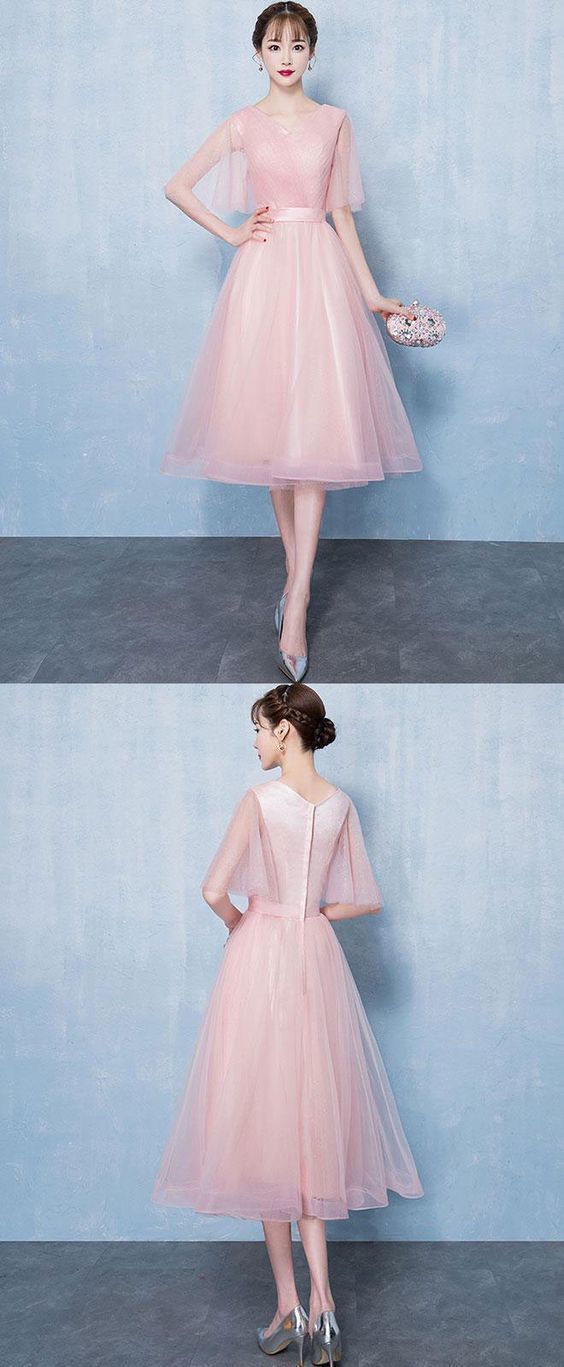 Simple v neck tulle short homecoming dress, pink tulle homecoming dress  cg812