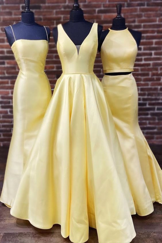 A-line yellow satin long prom dress with v neckline   cg8132
