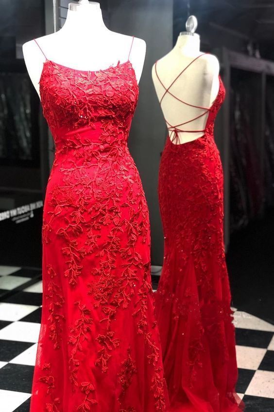 red lace long prom dress with spaghetti straps and lace up back  cg8184