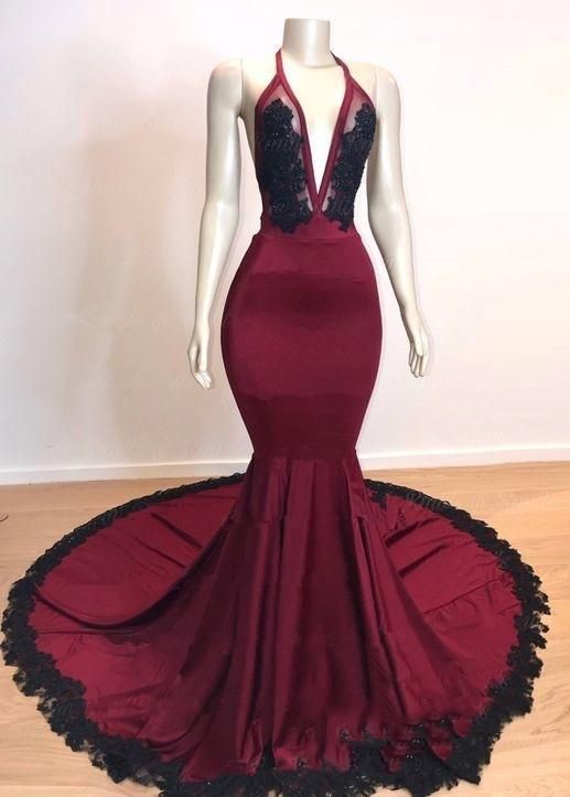 Prom Dress Classy, Sexy Mermaid V Neck Backless Burgundy And Black Long Prom Dress  cg8186