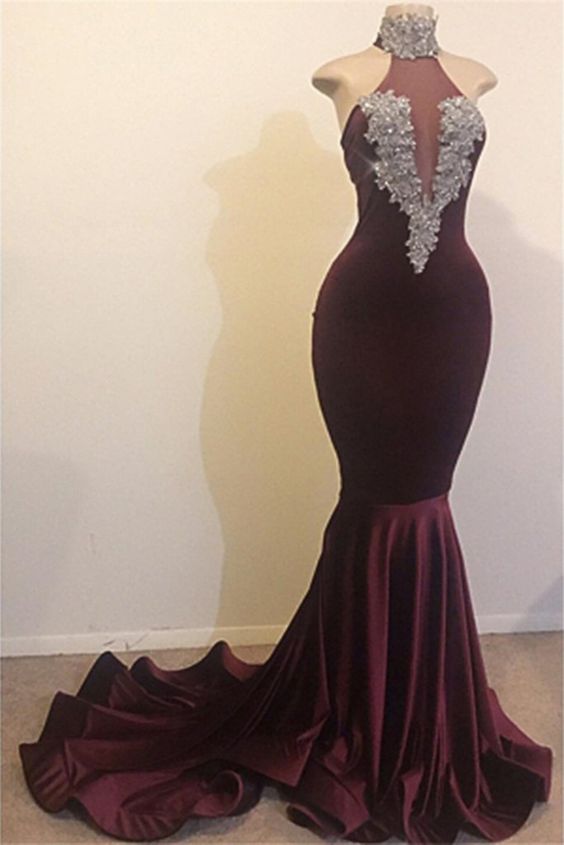 High Neck Backless Brush Train Mermaid Sequins Velvet prom Dress, Evening Dress  cg8187