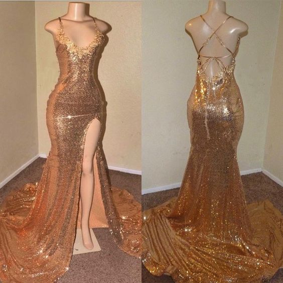 Sexy Gold Sequin Spaghetti-Straps Slit Prom Dresses  cg8193