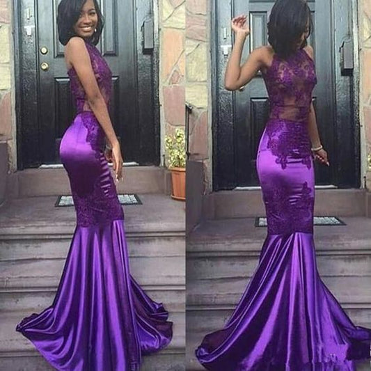 Purple Sexy Mermaid Prom Dresses Long Halter Lace Appliques Party Dress   cg8195