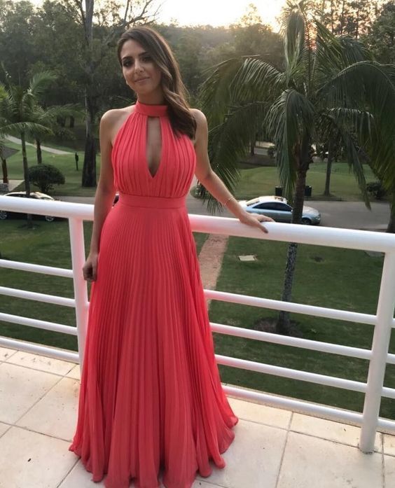 Simple Pink Halter Chiffon Prom Dress,2020 Evening Gowns,Floor Length Pink Party Dresses  cg8220