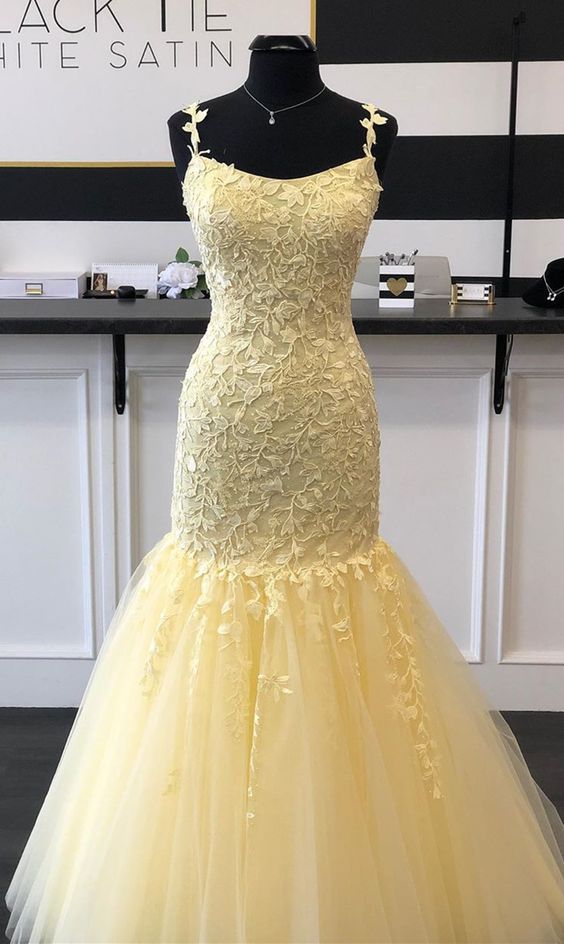 Mermaid long prom dresses, yellow lace prom dresses, modest evening party dresses   cg8263