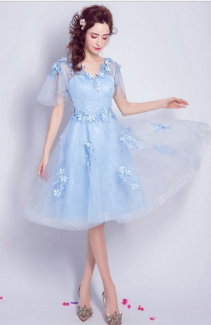 Elegant Blue Knee Length Tulle Homecoming Dress Flowy A-line V-neck With Flowers cg827