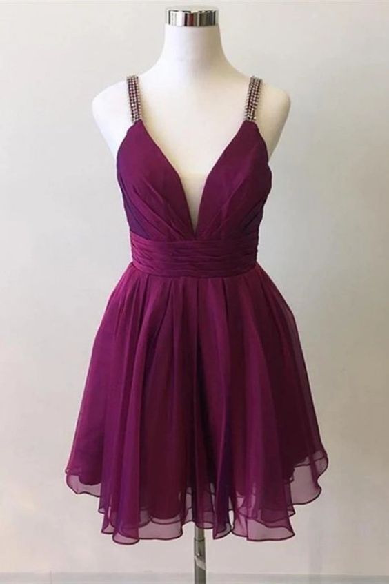 Cute Deep V Neck Purple Chiffon Beads Formal Dresses Homecoming Dresses  cg8299