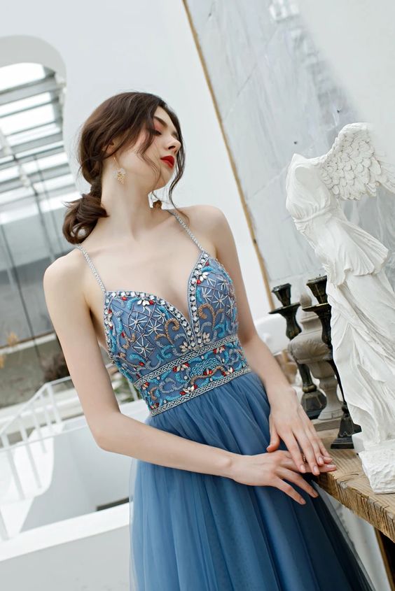 Sexy Spaghetti Straps Long Tulle Prom Gown, Unique Beading Prom Dress   cg8302