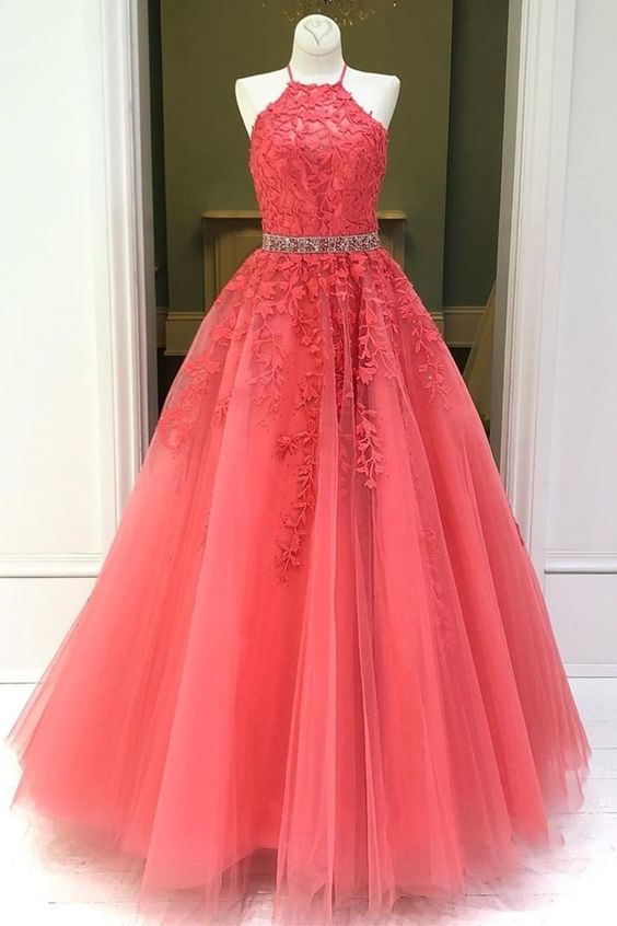 Stylish Backless Coral Lace Long Prom Dress, Coral Lace Formal Graduation Evening Dress   cg8319
