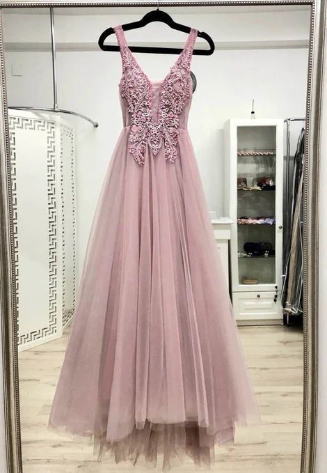Pink V neck Tulle Long Prom Dresses, Pink Evening Dress  cg8361