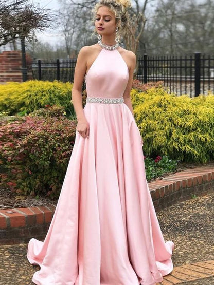 Charming High Neck Pink Beaded Long Prom Dress,Open Back Evening Dresses cg839