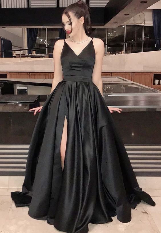 black satin prom dress, simple evening dress  cg8404