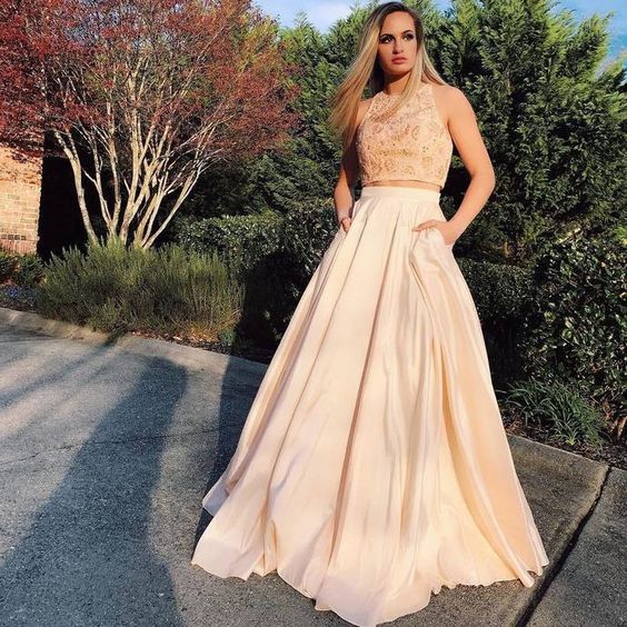 Champagne Prom Dress,Satin Prom Gown, Two-Pieces Prom Dress, Beading Prom Gown  cg8417