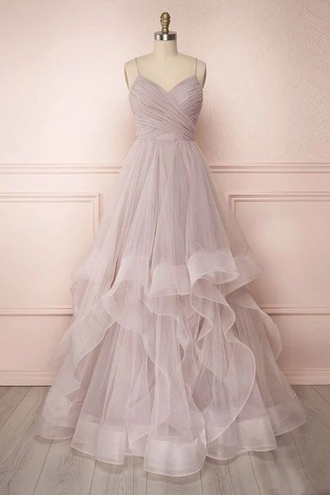 Simple Long Tulle Dress V Neck Layered Prom Dress Graduation Dress  cg8420