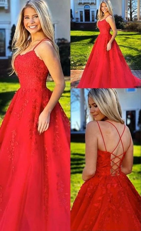 A Line Spaghetti straps Red Prom Dress With Appliques  cg8461