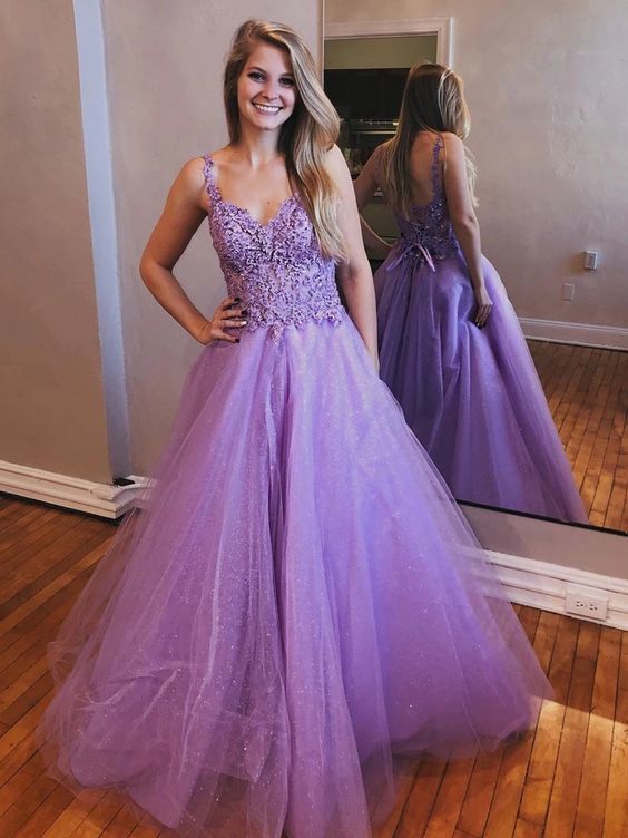 Shiny V Neck Open Back Lavender Lace Long Prom Dresses  cg8462