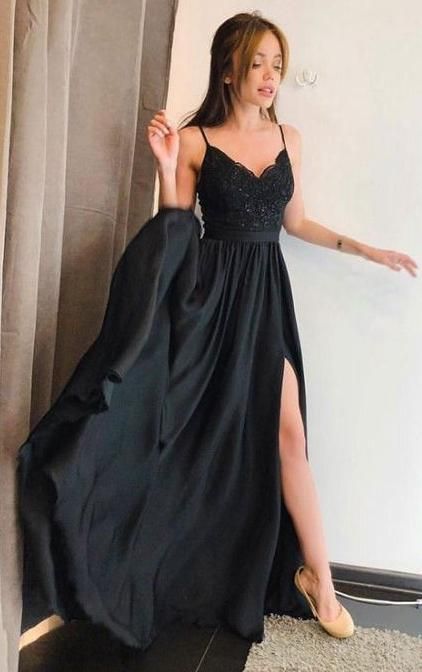 Black Appliqued A-line Long Prom Dress with Slit,Fashion Winter Formal Dress, Wedding Party Dress cg847
