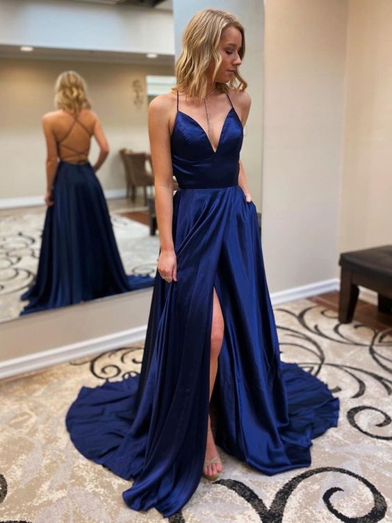 Stylish V Neck Backless Navy Blue Long Prom Dresses with Slit,  cg8475