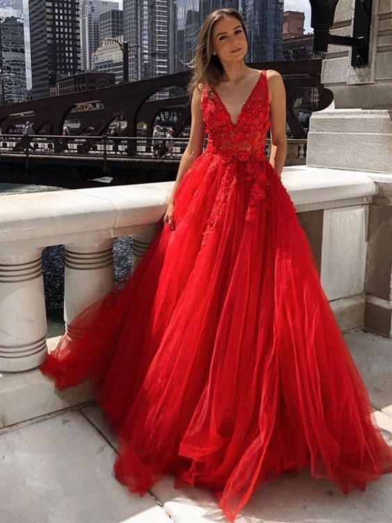 A Line V Neck Appliques Red Lace Long Prom Dresses 2020, Red Lace Appliques Formal Dresses, Red Lace Evening Dresses  cg8477