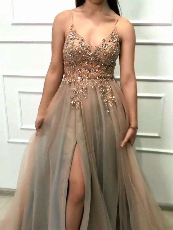 Backless Tulle Beaded Prom Dresses Party Dresses with Spaghetti Straps  cg8480