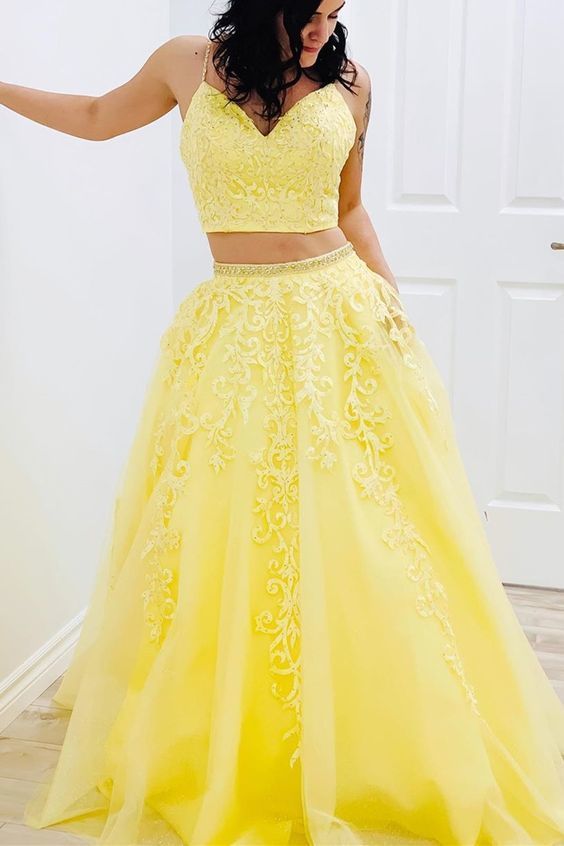 two piece yellow prom dress with lace top and pockets  cg8482