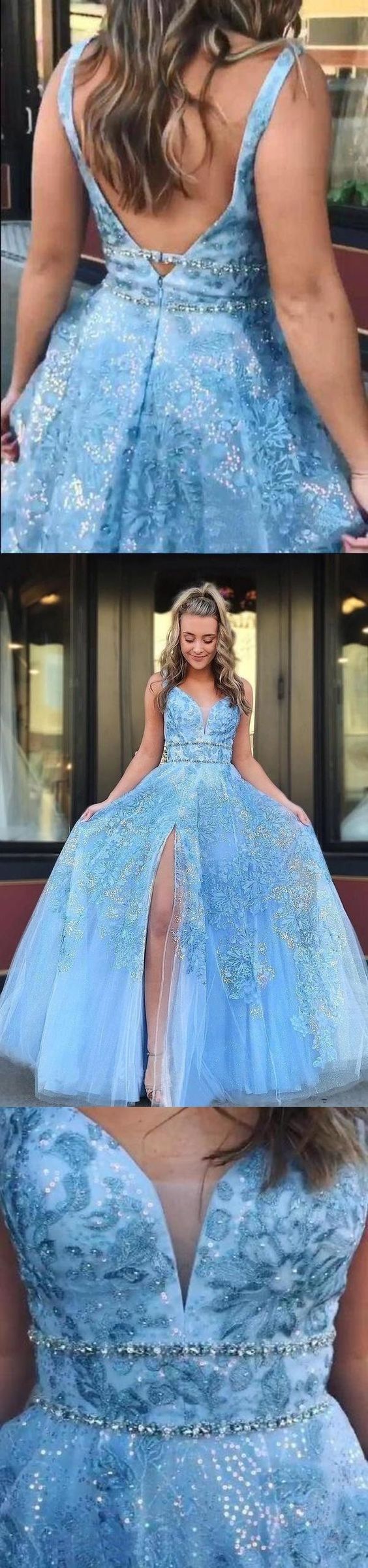 Elegant A Line Lace Appliques Blue V Neck Prom Dresses  cg8504