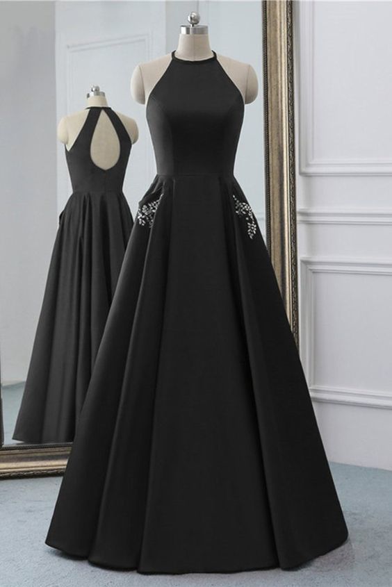 Simple Black Satin Open Back Long O Neck Prom Dress, Evening Dress  cg8512