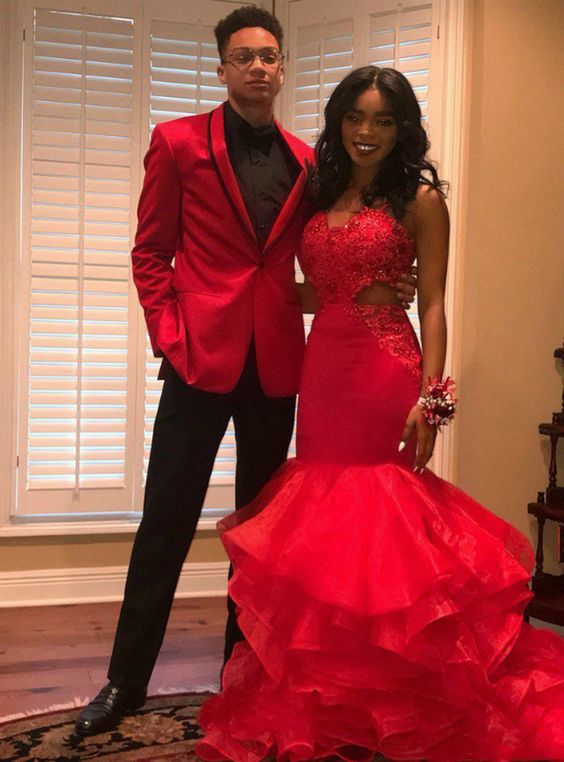 Red Mermaid Tulle Spagehtti Straps Cut Out Appliques Prom Dress 2020  cg8513