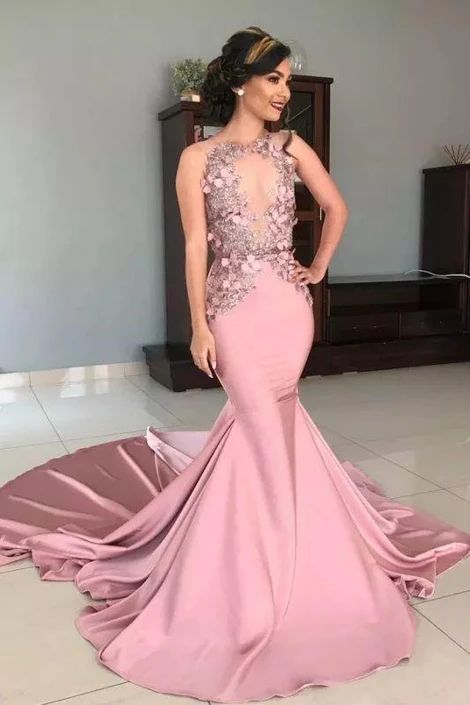 Sheer Tulle Pink Lace Appliques Prom Dresses | Mermaid Sleeveless Sexy Evening Gowns  cg8548