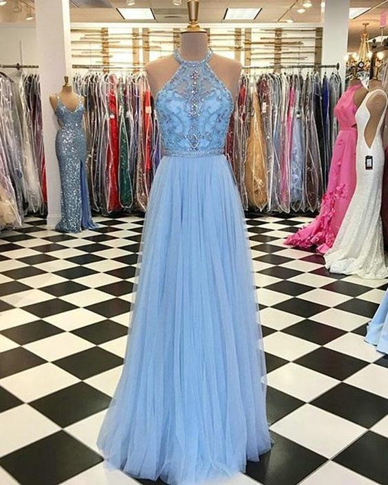 Delicate Light Sky Blue Prom Dresses with Halter Beaded Tulle Ruffles Long Prom Gowns  cg8553