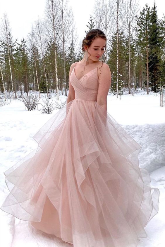 straps v neck pink long ball gown with cascade prom Dress  cg8571