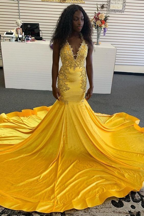 mermaid yellow formal dress with open back prom dress for black girls  cg8573