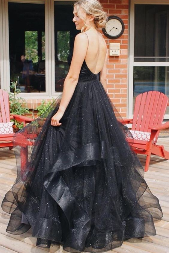 2020 black long prom dress with open back and cascade   cg8576