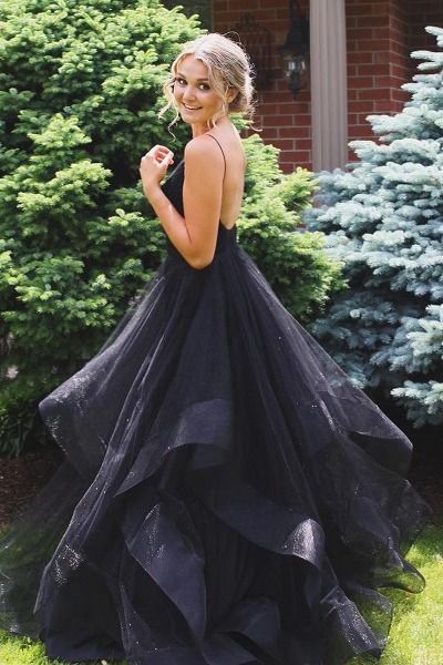 2020 black long prom dress with open back and cascade   cg8576