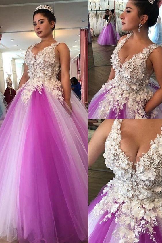 Fantastic Tulle V-neck Neckline Floor-length Ball Gown Prom Dresses With Lace Appliques & Beaded Handmade Flowers   cg8595