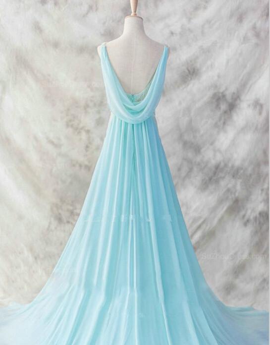 Light Blue Chiffon Long Evening Dress, Blue Beaded Waist Wedding Party prom Dress  cg8606