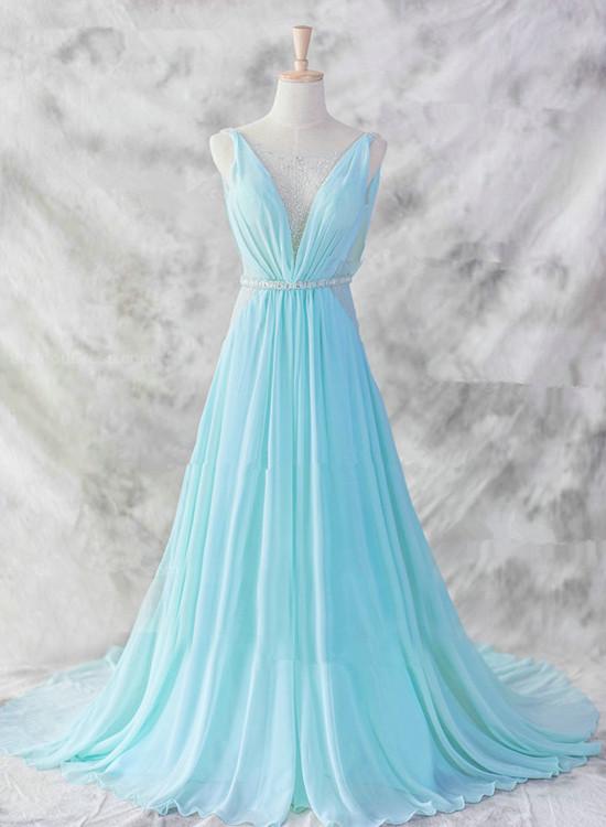 Light Blue Chiffon Long Evening Dress, Blue Beaded Waist Wedding Party prom Dress  cg8606