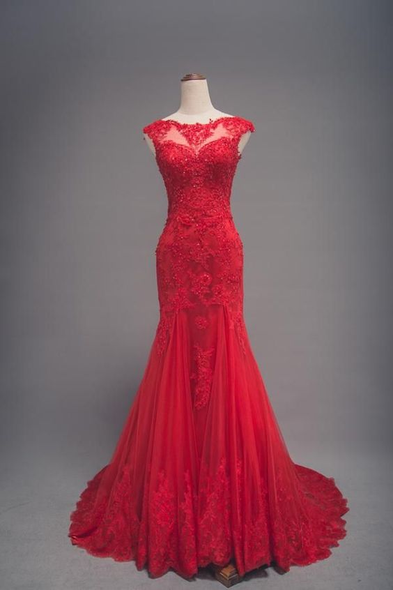 Modest Mermaid Red Lace Wedding prom Dress  cg8612